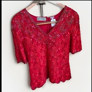 Vintage Red all-over handmade beaded Blouse L
